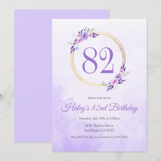 Invitation Pastel Purple Floral Golden Wreath 82e anniversair (Devant / Derrière)