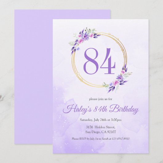 Invitation Pastel Purple Floral Golden Wreath 84e anniversair (Devant / Derrière)