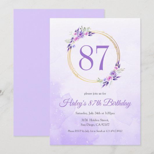 Invitation Pastel Purple Floral Golden Wreath 87e anniversair (Devant / Derrière)