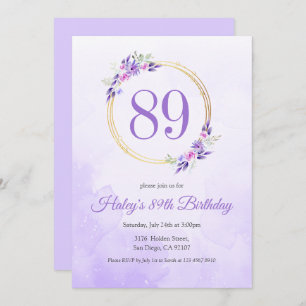 Invitation Pastel Purple Floral Golden Wreath 89e anniversair