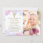 Invitation Pastel Purple Gold Floral First Communal Photo (Devant)