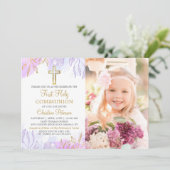 Invitation Pastel Purple Gold Floral First Communal Photo (Debout devant)