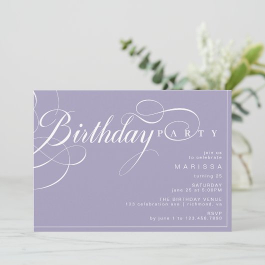 Invitation Pastel Purple Lavender Simple Calligraphie Anniver (Debout devant)