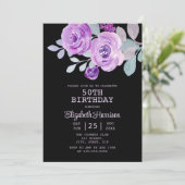 Invitation Pastel Purple Rose Floral Black 50e anniversaire (Debout devant)