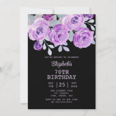 Invitation Pastel Purple Rose Floral Black 70e anniversaire (Devant)