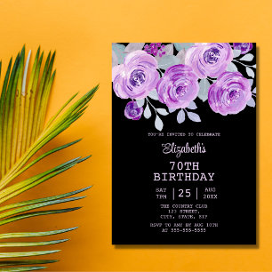 Invitation Pastel Purple Rose Floral Black 70e anniversaire