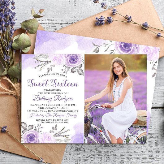 Invitation Pastel Purple Rose Garden Sweet 16 Anniversaire Ph