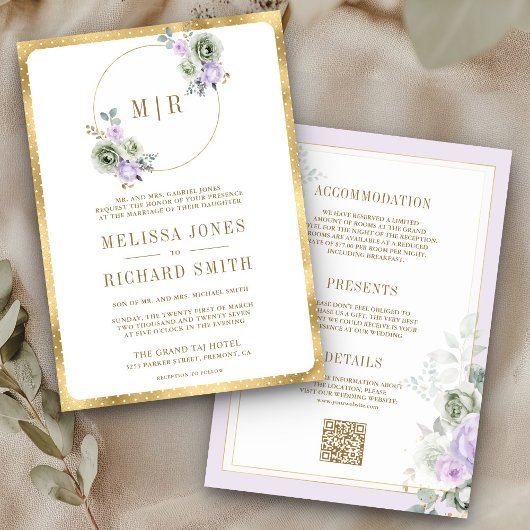 Invitation Pastel Purple Sage Vert Floral tout en un Mariage