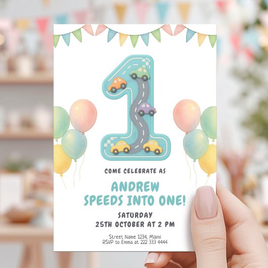 Invitation Pastel Racing First Birthday Party