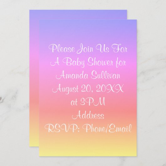 Invitation Pastel Rainbow Baby shower rose bleu pourpre 4Aman (Devant / Derrière)