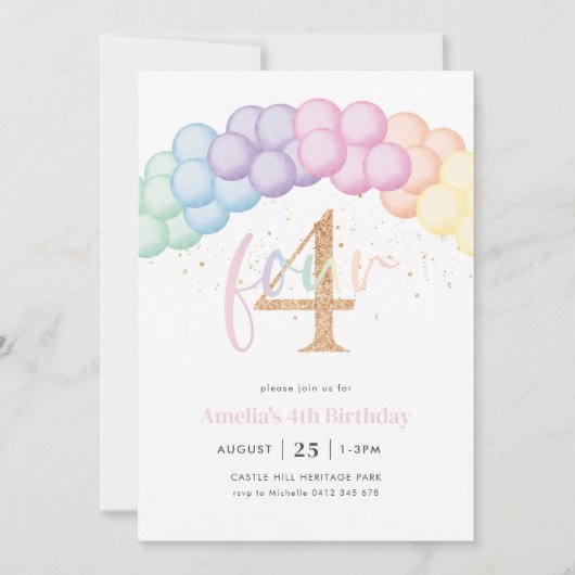 Invitation Pastel Rainbow Balloon Arch 4e fête d'anniversaire (Devant)