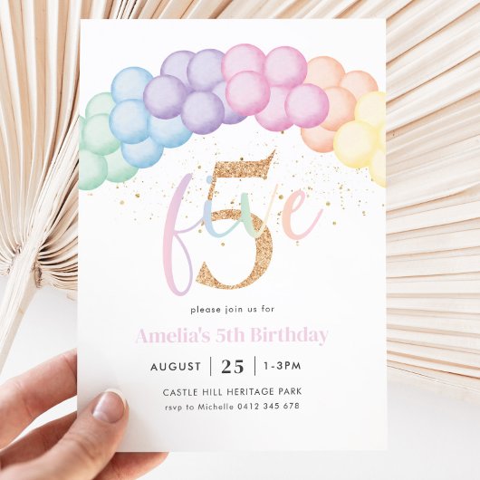 Invitation Pastel Rainbow Balloon Arch 5e fête d'anniversaire