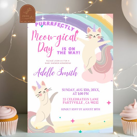 Invitation Pastel Rainbow Cat Unicorn Baby shower