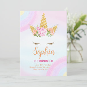 Invitation Pastel Rainbow Floral Unicorne Anniversaire