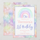 Invitation Pastel Rainbow Girl 1er anniversaire Frontière géo (Devant / Derrière)