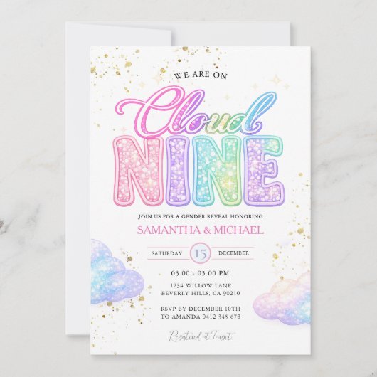 Invitation Pastel Rainbow Glitter Lettering Gender Reveal  (Devant)