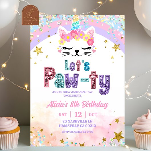Invitation Pastel Rainbow Magical Caticorn Birthday