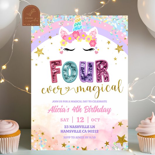 Invitation Pastel Rainbow Magical Unicorn 4th Birthday