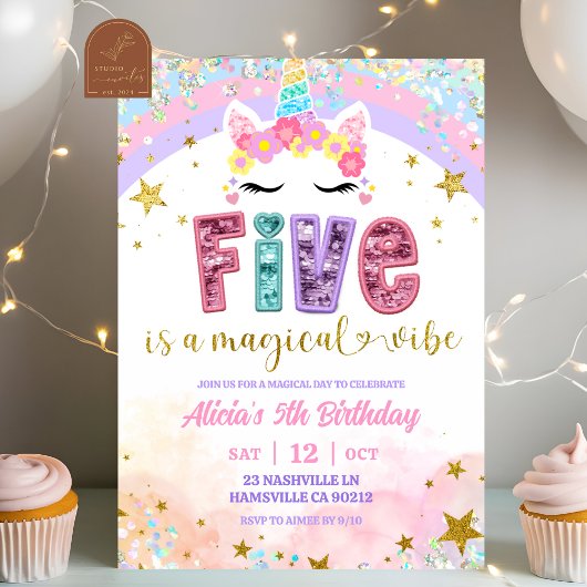 Invitation Pastel Rainbow Magical Unicorn 5th Birthday