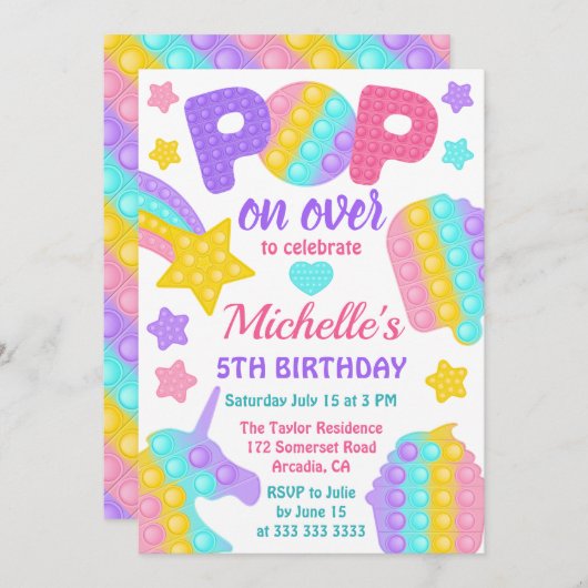 Invitation Pastel Rainbow Pop It Fidget Toy Anniversaire (Devant / Derrière)
