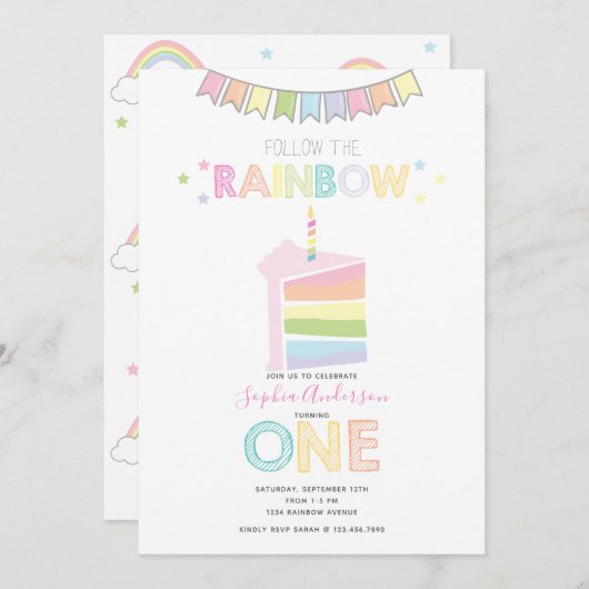Invitation Pastel Rainbow Première fête d'anniversaire (Devant / Derrière)