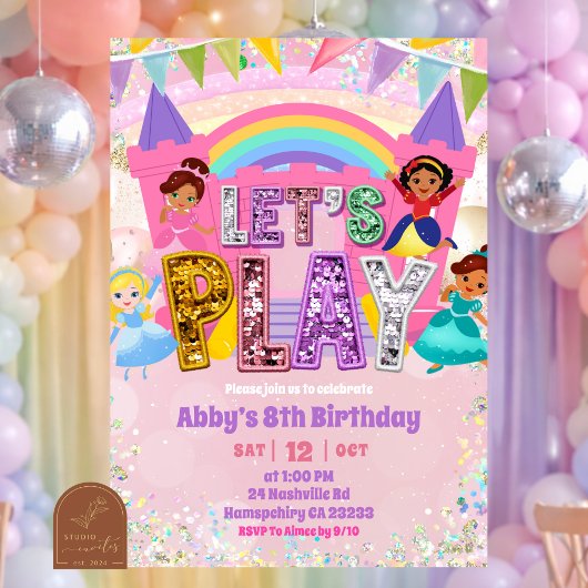 Invitation Pastel Rainbow Sequin Bounce Castle Birthday