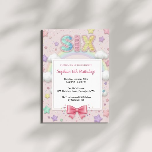 Invitation Pastel Rainbow Sequin Glitter Girl 6th Birthday