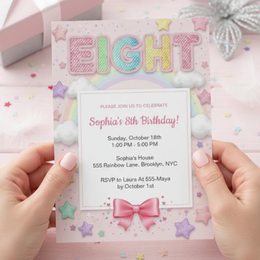 Invitation Pastel Rainbow Sequin Glitter Girl 8th Birthday