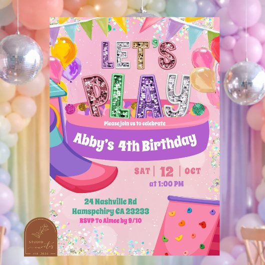 Invitation Pastel Rainbow Sequin Indoor Playground Birthday