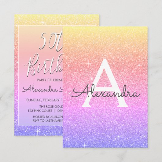 Invitation Pastel Rainbow Sparkle Parties scintillant 50e ann (Devant / Derrière)