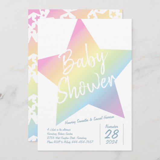 Invitation Pastel Rainbow Stars Baby shower Simple Moderne (Devant / Derrière)
