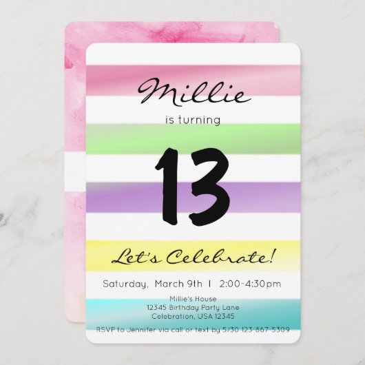 Invitation Pastel Rainbow Stripes Fille Anniversaire (Devant / Derrière)