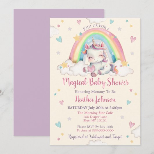 Invitation Pastel Rainbow Unicorn Baby shower (Devant / Derrière)