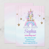 Invitation Pastel Rainbow Unicorn Étincelle 1er Anniversaire (Devant / Derrière)