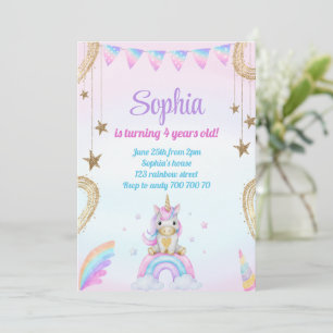 Invitation Pastel Rainbow Unicorn étincelles Anniversaire