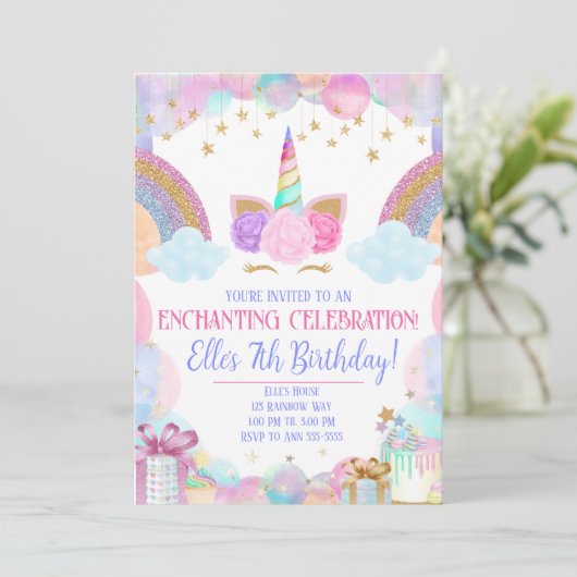 Invitation Pastel Rainbow Unicorn Girls Anniversaire (Debout devant)