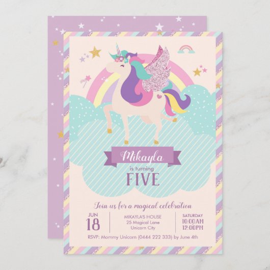Invitation Pastel Rainbow Unicorn Magique Anniversaire mignon (Devant / Derrière)