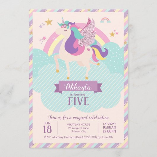 Invitation Pastel Rainbow Unicorn Magique Anniversaire mignon (Devant)