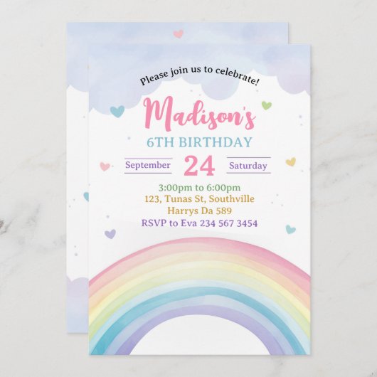 Invitation Pastel Rainbows and Heart Anniversaire (Devant / Derrière)