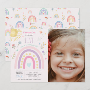 Invitation Pastel Rainbows Girl Fleur sauvage photo d'anniver