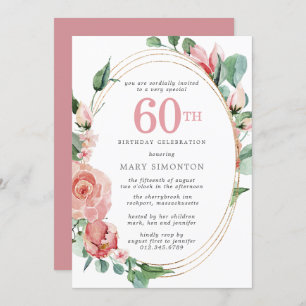 Invitation Pastel Red Rose Floral 60e fête d'anniversaire