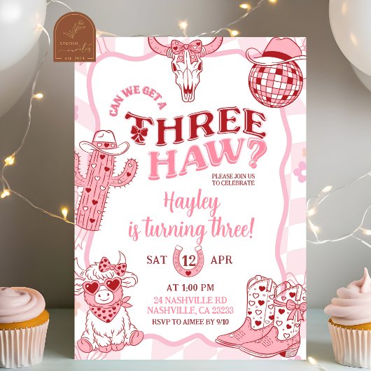 Invitation Pastel Retro Threehaw Cowgirl Birthday party