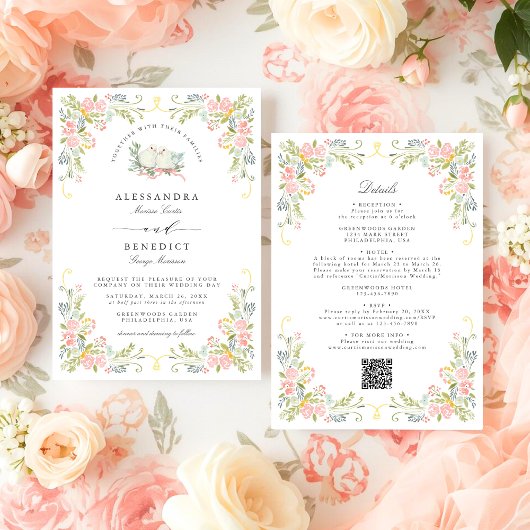 Invitation Pastel Rococo Garden Ornate Floral Wedding QR