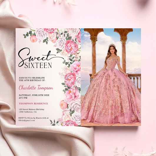 Invitation Pastel romantique Roses Floral Sweet 16 Photo