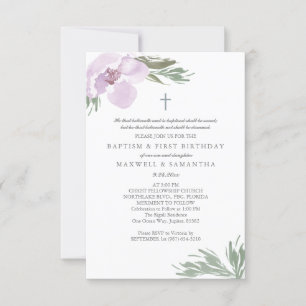 Invitation Pastel Rose Aquarelle Florals Twins Baptême