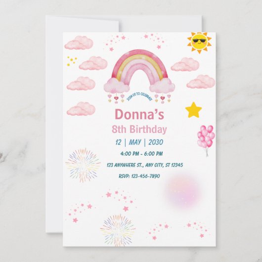 Invitation Pastel rose aquarelle mignon fille arc-en-ciel (Devant)