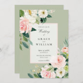 Invitation Pastel rose blanc et vert Mariage floral (Devant / Derrière)
