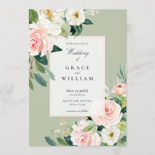 Invitation Pastel rose blanc et vert Mariage floral