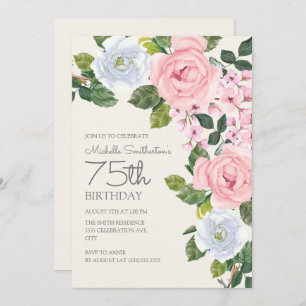 Invitation Pastel Rose Blanc Floral Femme 75e anniversaire