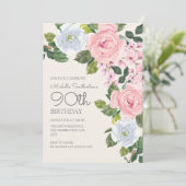 Invitation Pastel Rose Blanc Floral Femme 90e anniversaire (Debout devant)